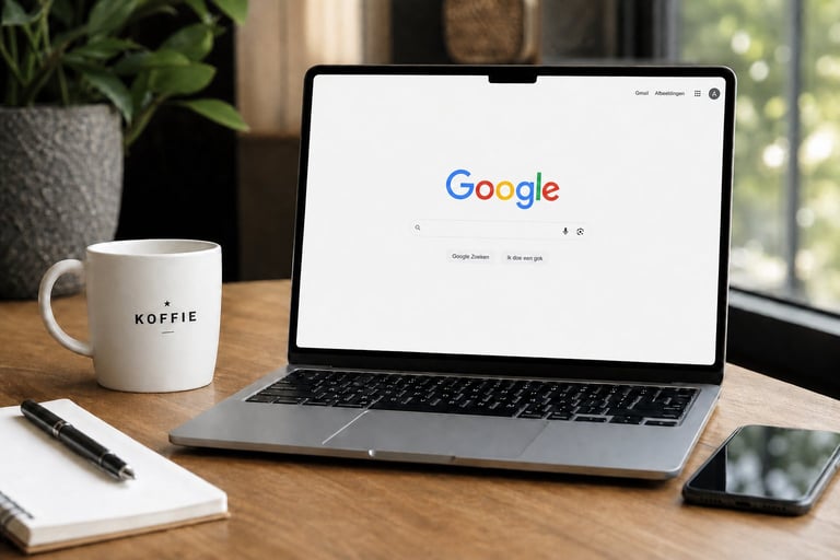 Laptop displaying Google homepage on wooden desk with coffee mug, notepad, pen, and smartphone