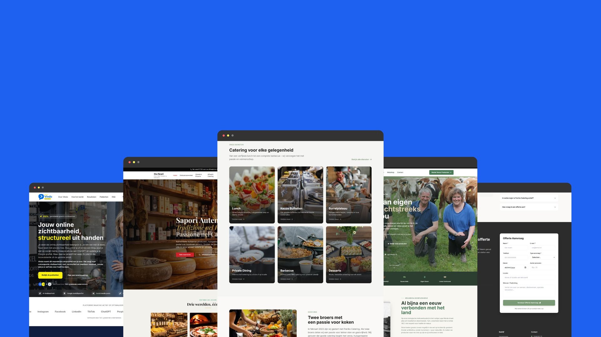 Collage of various website layouts and designs displayed on a bright blue background showing different web pages and user interfaces
