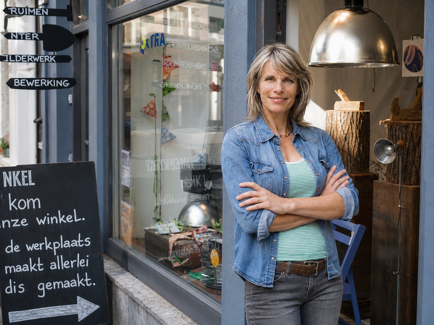 Woman in denim shirt standing in front of a shop storefront with metallic pendant lamps and displayed items