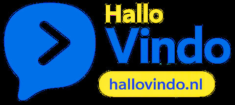 Hallo Vindo logo met blauw spraakballon en pijl
